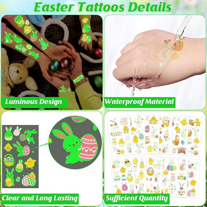 115 Pcs Easter Basket Stuffers, 12 Sheets Luminous Easter Tattoos for Egg Fillers, Fake Bunny Temporary Tattoos Stickers for Basket Crafts Decorations Gifts Egg Bags Fillers Party Favor