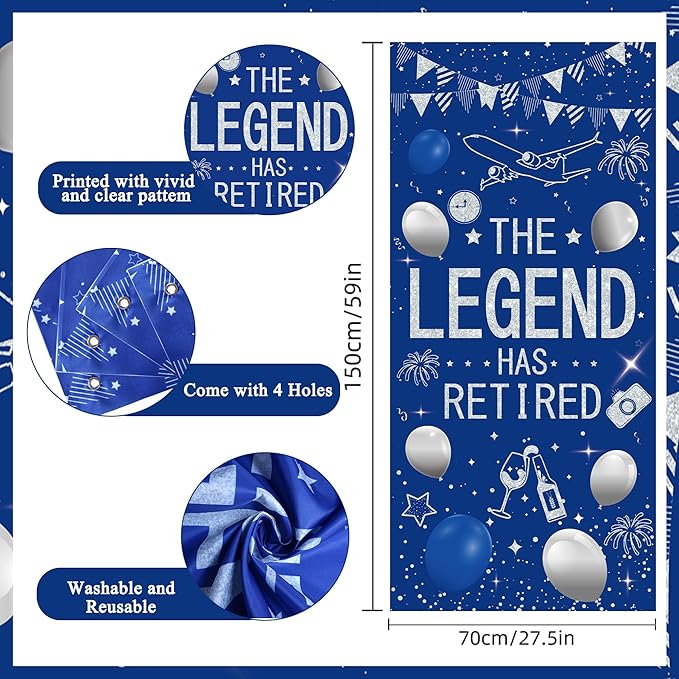 Roetyce Retirement Party Decorations for Men Women, Blue Silver Happy Retirement Banner Balloons Hanging Swirls Kit, Lengend Has Retired Backdrop for Coworker, Office Retired Party Supplies