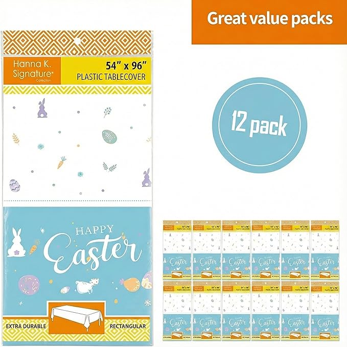 Party Dimensions Happy Easter Plastic Table Cover - White & Sky Blue Bunny & Egg Design, Disposable Tablecloths, 54" x 96" (12 Pack) - Perfect for Easter Parties, Brunches & Celebrations