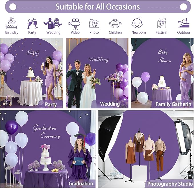 Gallety 7.2FT Purple Round Backdrop Cover with Size Adjuster & 4 Metal Clips, Universal Fit for 5ft-7.2ft Circle Stand, Polyester Fabric Arch Cover for Wedding, Birthday Party, Baby Shower Decor