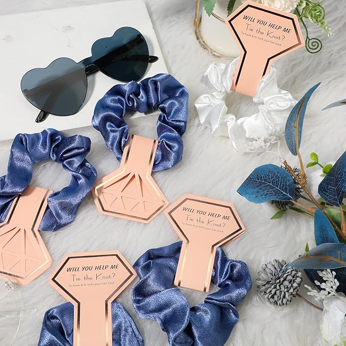 Sweetude 27 Pcs Bridesmaid Proposal Gift Bride Cosmetic Makeup Bags Bridal Hair Scrunchies Ties Heart Shape Sunglasses for Wedding Bachelorette Party Favor(Blue, White)