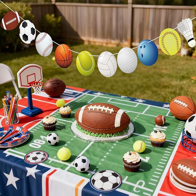 Hooqict Sports Themed Party Decorations Happy Birthday Banner Baseball Football Basketball Golf Soccer Volleyball Softball Party Banner Garland Sign for Sports Birthday Party Decorations Supplies