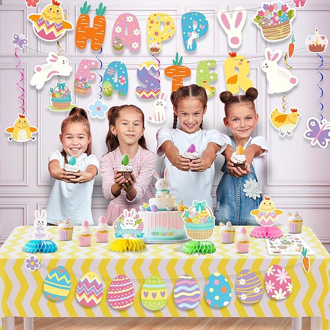 Party Spot! 60 pcs Easter Party Decorations Kit, "Happy Easter" Banner,Easter Centerpiece,Table Decorations,Hanging Swirls,Stickers,Tablecloth,Easter Party Supplies Indoor,Bunny Party