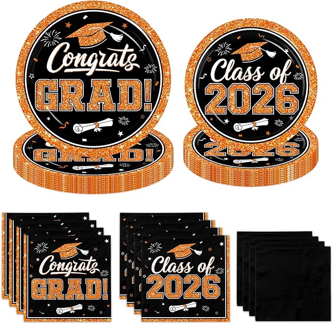 Graduation Decorations 2026 Graduation Party Plates and Napkins Set Black Orange Class of 2026 Graduation Party Supplies for Congrats Grad Party Decor, Serve 50