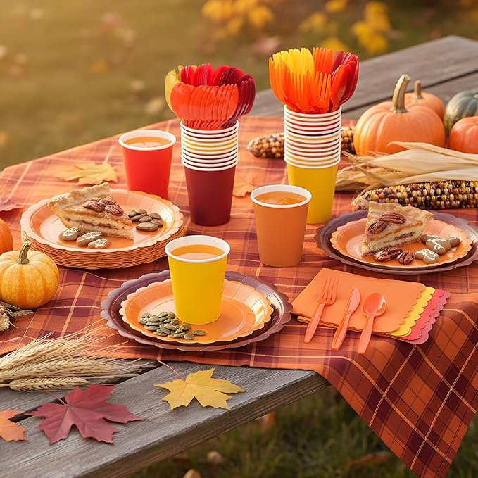 350 Pcs Fall Thanksgiving Plates and Napkins, 50 Guest Autumn Party Supplies Include Scalloped Paper Plates Napkins Cups Plastic Spoons Forks Knives Disposable Tableware Set for Harvest Party