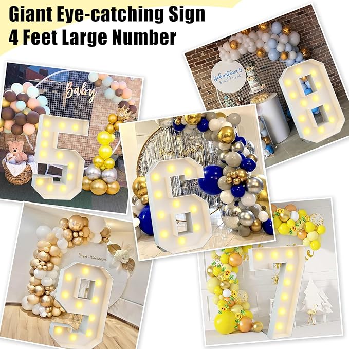 Marquee 4ft Numbers with Light up Number 6 White Mosaic Frame Slots-in Letter 6 for 6th Birthday Party Decorations Pre-Cut Cardboard Large Giant Cut-Out Thick Foam Board Sign Anniversary Graduation