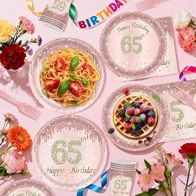 121Pcs 65th Birthday Party Supplies Plates Napkins Cups Forks Tablecloth Rose Gold Happy 65th Birthday Themed Disposable Tableware Decorations Serves 24 Guests for Women Ladies 65 Years Old Birthday