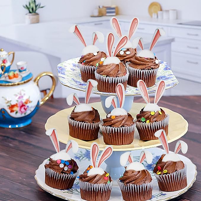 Ercadio 40Pcs Edible Easter Bunny Ear Cupcake Toppers Edible Rabbit Ears Cupcake Picks Drink Toppers for Easter Rabbit Theme Baby Shower Kids Boys Girls Birthday Party Cupcake Decorations Supplies