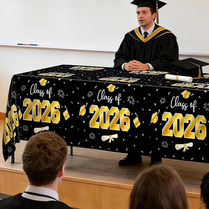 QZYL 4 Pack Graduation Decorations, 54" x 108" Black and Gold Rectangle Graduation Table Cloths, Plastic Tablecloth for College Congrats Grad, Disposable Grad Party Decorations for Class of 2026