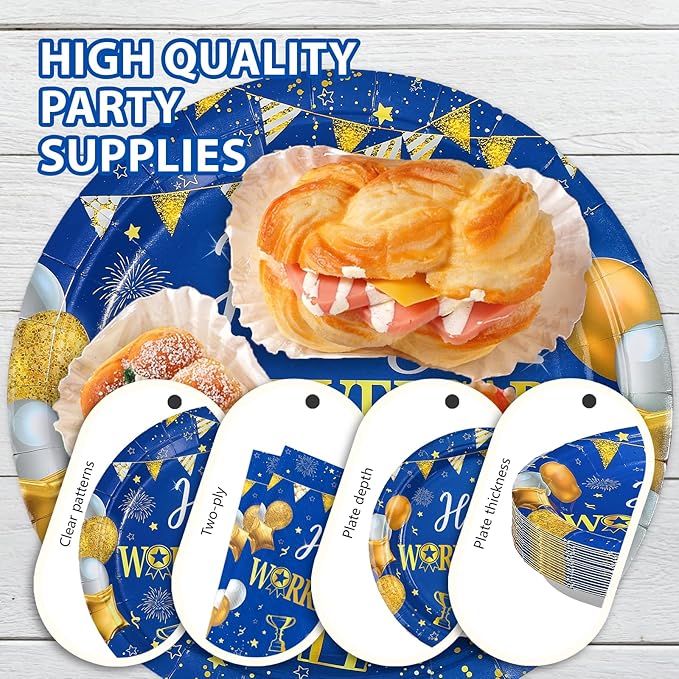 168Pcs Happy Workiversary Party Decorations Blue Gold Happy Work Anniversary Plates and Napkins Cups Forks Tableware Set for Men Women Worker Employee Appreciate Office Party Supplies Serves 24