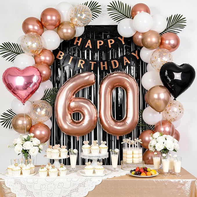 60th Birthday Decorations for Women - Rose Gold, Black and Hot Pink Party Supplies Set with Happy 60th Banner, Number 60 Balloons and Foil Fringe Curtains - 60 Year Old Celebration Kit