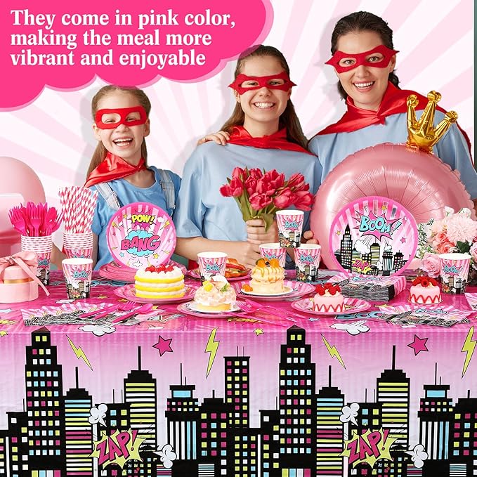 452 Pcs Girl Birthday Decorations for 50 Guests Pink Hero Paper Plates Napkins Cups Tablecloth Cutlery Straws for Pink Hero Birthday Baby Shower Party Supplies