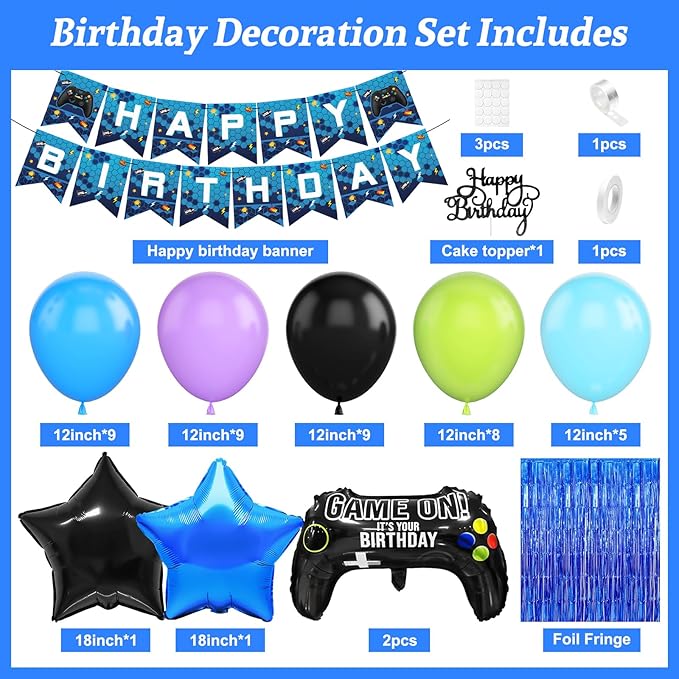 Video Game Birthday Party Decorations for Boys, Black Blue Purple Green Balloons Happy Birthday Banner Cake Topper Game Foil Balloon Blue Fringe Curtain for Kids Boys Men Birthday Party Decor