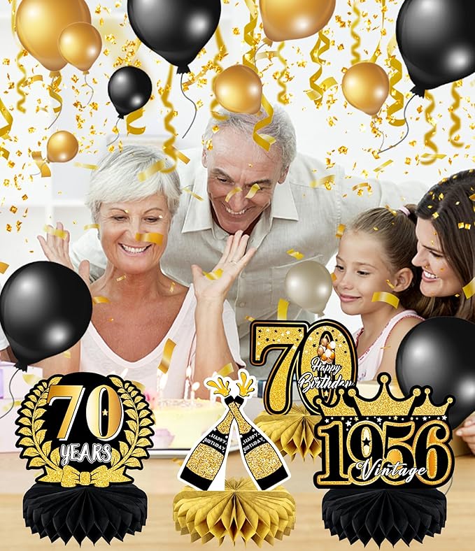 9 Pcs 70th Birthday Decoration for Men Women Happy 70th Birthday Honeycomb Centerpieces 70th Birthday Table Decorations Black and Gold Cheers to 70 Years Decor Birthday Party Favors