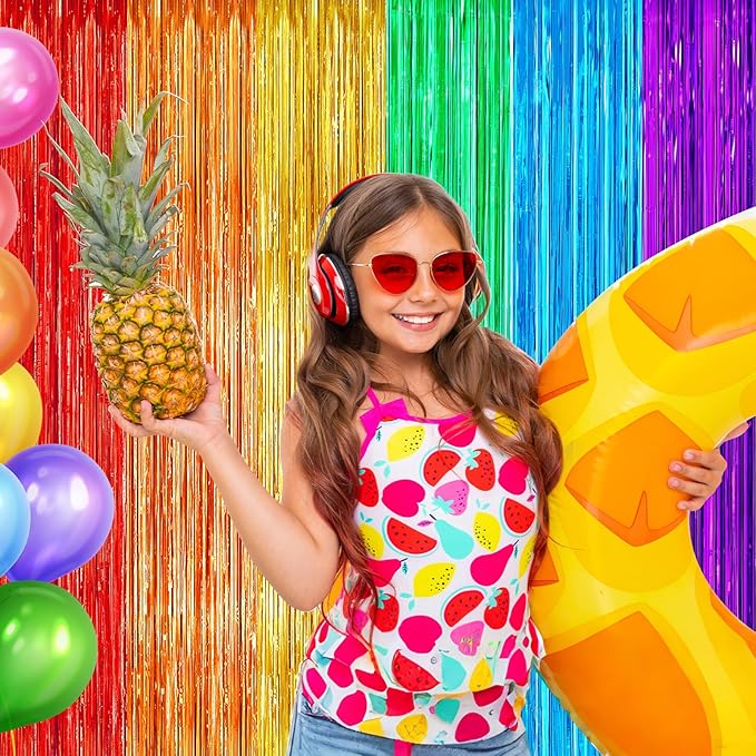 2Pack Rainbow Backdrop Curtains for Wedding Birthday, 3.3x8.2ft Fiesta Party Decorations Foil Fringe Curtains Backdrops, Rainbow Party Supplies for Halloween Metallic Tinsel Backdrop Party Streamers