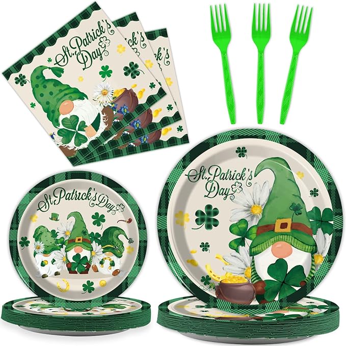 Wiooffen 96 Pcs St. Patrick’s Day Plates and Napkins Green Shamrock Gnome Lucky Tableware Set Irish Festival Party Supplies Table Decorations for 24 Guests