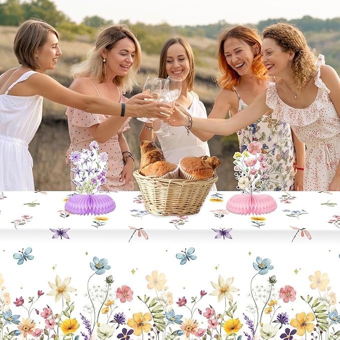 3 Pieces Wildflower Tablecloths Spring Floral Baby Shower Birthday Tablecover Plastic Disposable Rectangle Table Covers for Spring Summer Picnic Wedding Tea Party