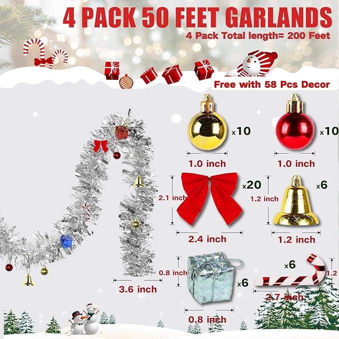 4 Pack Silver Tinsel Garland - 200Ft Metallic Hanging Tinsel for Christmas Tree, Home & Party Decorations Indoor/Outdoor