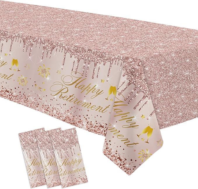 APOWBLS Retirement Decorations for Women Tablecloth - Disposable Rose Gold Happy Retirement Party Decorations Supplies Table Cover - 3Pack (54in x 108in)