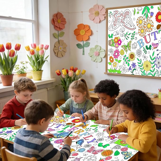 Spring Giant Coloring Poster for Kids 30x72 Inch Large Butterfly Fairy Party Flower Drawing Paper Coloring Tablecloth DIY Art Crafts Mat for Kids Birthday Themed Activity Wall Home Classroom Suppiles