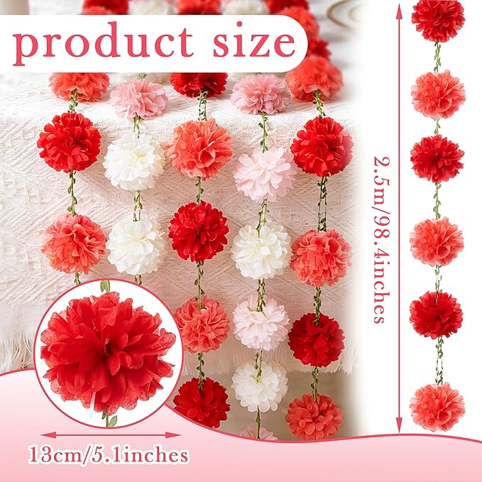 Sahoottie 2 Pcs Pink and Rose Hanging Paper Flower Garland, 8.2 FT Rose Ombre Tissue Paper Flower Garland, Rose Pink Gradient Pom Pom Garland for Wedding Backdrop Bridal Shower