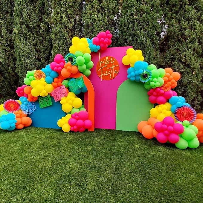 141 Pcs Rainbow Easter Balloon Arch Kit, Hot Pink Lime Green Orange Slate Blue Yellow Latex Neon Summer Tropical Balloon Garland for Hawaiian Luau Aloha Birthday Baby Shower Pool Party Decorations