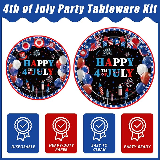 96 Pcs 4th of July Patriotic Party Plates, Independence Day Party Decorations Supplies Fourth of July American Flag Memorial Veterans Day Tableware Disposable Dinnerware Set, Serves 24