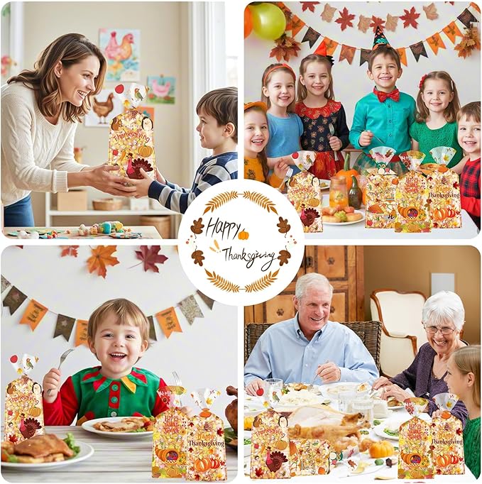 Litmitfu 100 Pcs Happy Thanksgiving Treat Bags - Plastic Fall Thanksgiving Gift Bags, Clear Autumn Goodie Candy Favor Cellophane Bag with Gold Twist Ties for Thanksgivings Party Favors Supplies