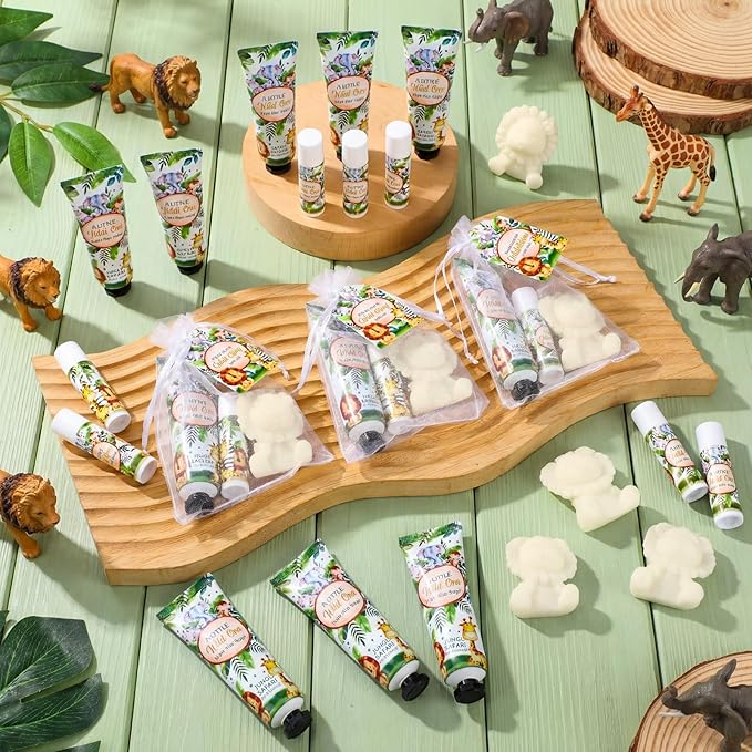 Loopeer 30 Set/150 Pcs Jungle Safari Baby Shower Favors for Guests Gifts Hand Cream Lip Balm Soap Party Favors Gifts Travel Size with Organza Bags, Thanks You Card for Baby Shower Birthday Wedding