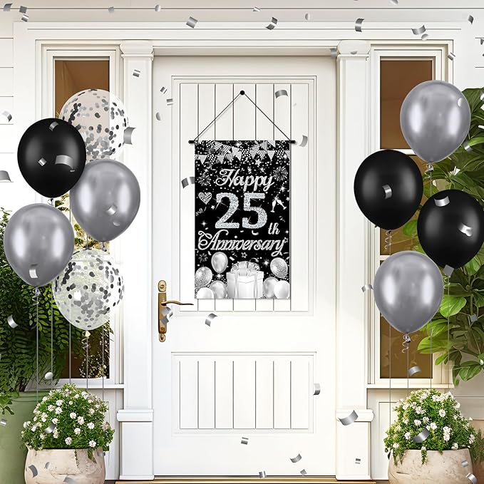 Happy Anniversary Decorations Small Banner Black Silver Happy 25th Anniversary Cruise Door Hanging Banner Porch Front Door Decor for Women Men 25 Years Silver Wedding Anniversaries Party Sign Supplies
