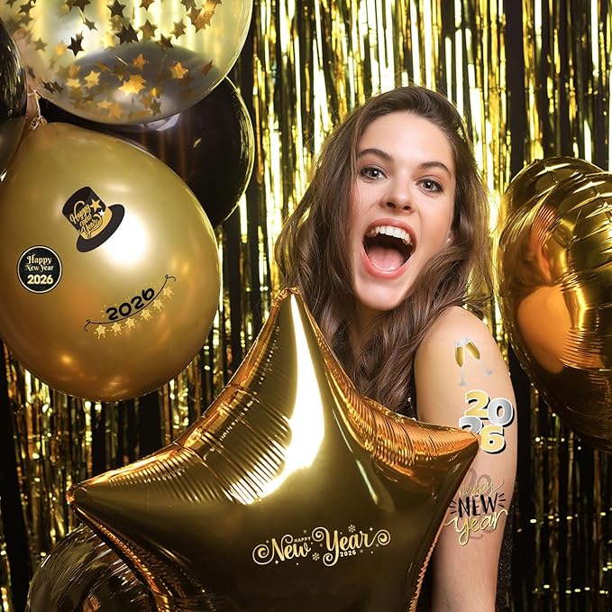 XZENTIRA 4 Sheets 2026 New Year Temporary Tattoos, Black Gold Silver Designs, NYE Party Supplies, New Year's Eve Favors, Happy New Year 2026 Decorations