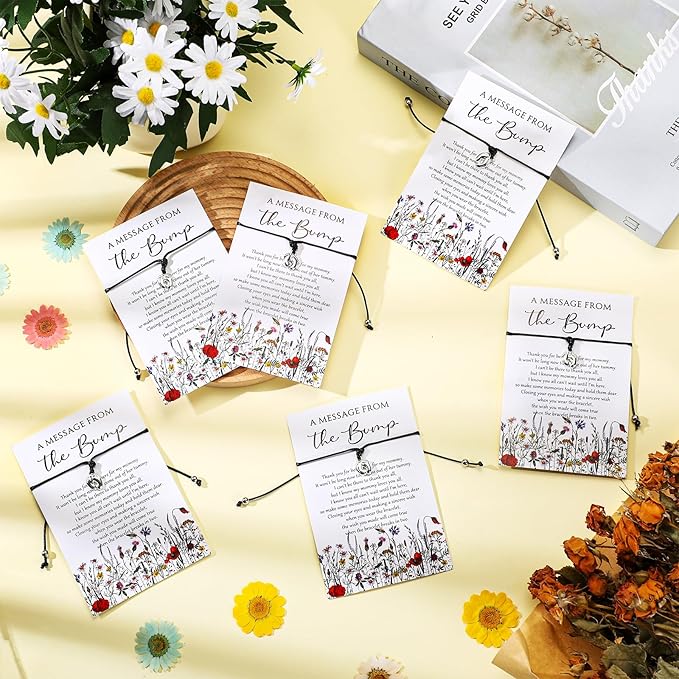 Thyle 50 Set Wildflower Baby Shower Favors for Guests Adjustable Bracelets with Message from the Bump Card Footprints Charm Baby Shower Bracelets for Gender Reveal Thank You Gifts