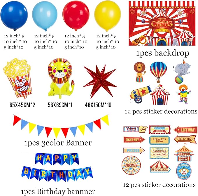 Circus Theme birthday party decorations & include red blue yellow balloon garland & foil hot air popcorn balloons & banner carnival road sign paper card background decor