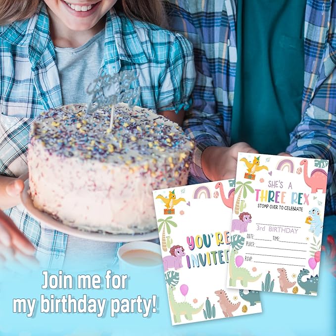 3rd Birthday Invitations, 25 Dinosaur Party Invites Cards with Envelopes, Double-Sided Fillable, Birthday Invitations for Girls, Birthday Party Supplies (4 x 6 Inch) -A09