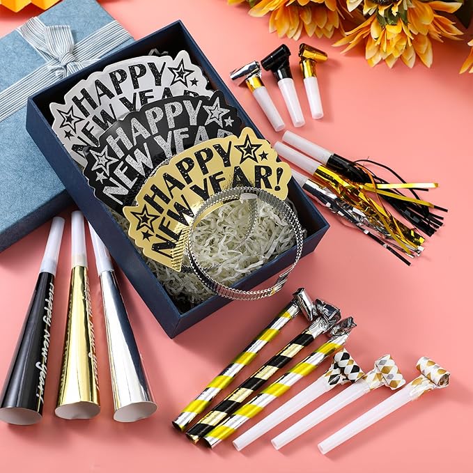 Lenwen 18 Pcs Happy New Years Eve Party Supplies New Year Noise Makers Headband Tiara Party Horn Blowers Whistles Fringed Noisemaker Novelty Favors for Adult Decoration(Multicolor)