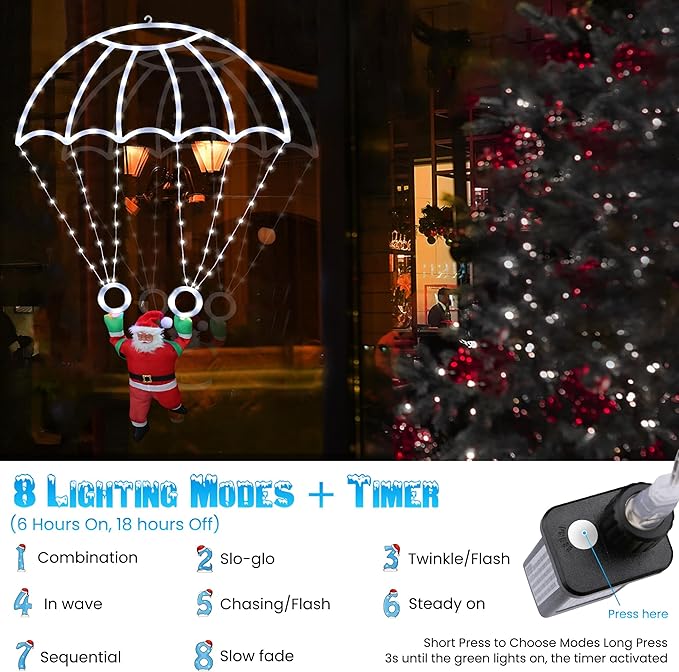 Toodour Christmas Decorations Lights Outdoor, 2.8FT Christmas Parachute Lights with Santa Claus, Waterproof 8 Modes Hanging White Xmas Light - Holiday Decorative Light for Indoor Eave Roof