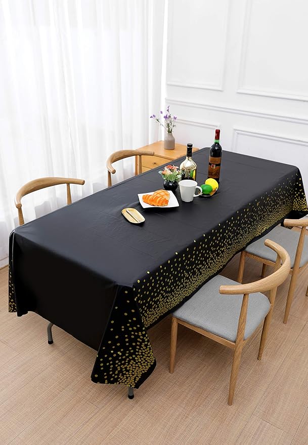 108"x54" 4 Packs Black and Gold Disposable Party Tablecloth for Rectangle Table, Gold Stamping Dot Confetti Rectangular Plastic Table Cover, for Graduation, Birthday, New Year Eve 2026