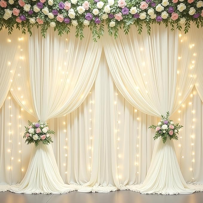 20x10FT Beige Backdrop Curtains with Lights for Parties,Wrinkle Free Wedding Photo Backdrop Curtains for Baby Shower Birthday Ceremony Reception Home Party Decorations-5ft x 10ft,4 Panels
