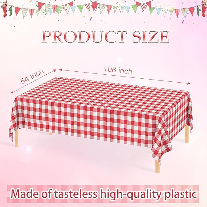 WNINK 3 Pack Red Gingham Tablecloth Rectangular Red and White Checkered Tablecloths Disposable Plastic Red Plaid Table Cover for Parties, Christmas, Outdoor Picnic, Birthday, Wedding, Camping 54 × 108