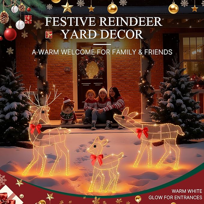 [3-Piece Reindeer Christmas Decorations Outdoor] 2D Lighted Deer Family with 260 LED Light. Durable Yard Lawn Holiday Decor, Outdoor Lighted Holiday Display for Yard Lawn Garden-White