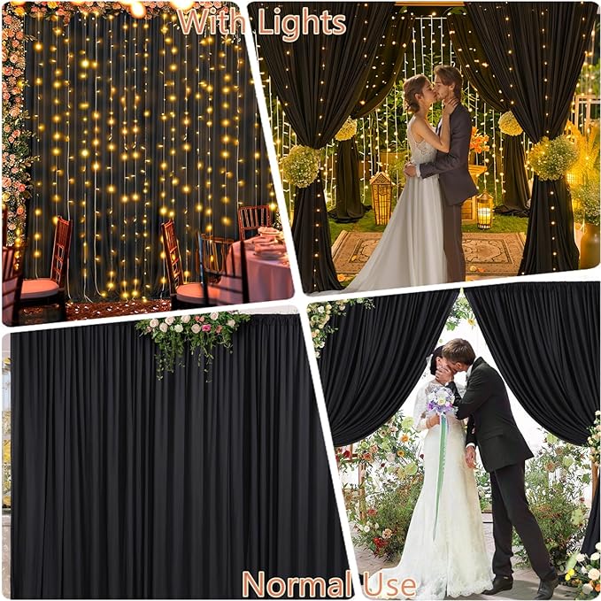10 x 10ft Black Backdrop Curtains with Lights String for Birthday Party Spandex Photo Background Drapes Wrinkle Free Curtains Backdrop for Party Wedding Reception Baby Shower Ceremony-5 x 10ft x 2P