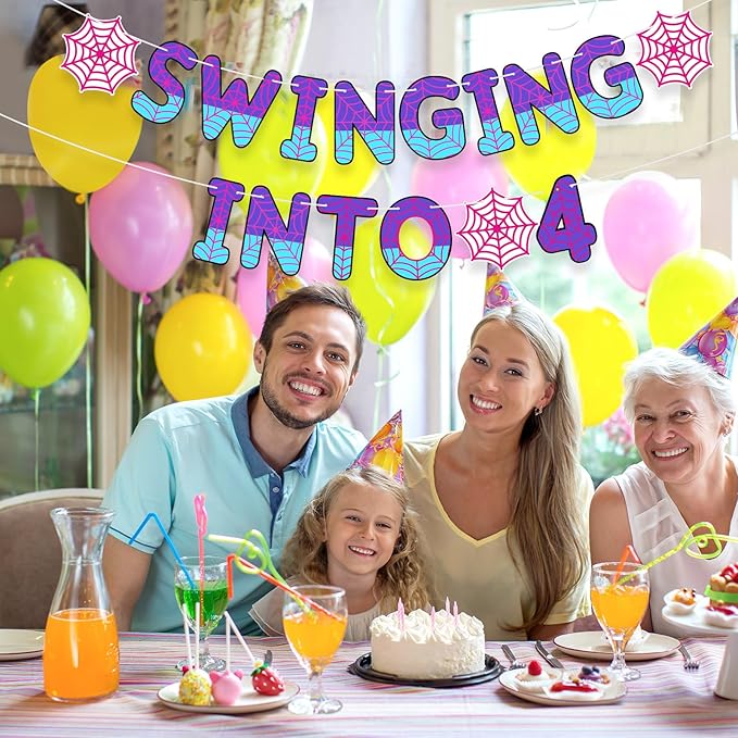 TaoBary Spider Theme 4th Birthday Banner, Pre-strung Swinging into 4 Banner, Spider 4th Birthday Decorations Party Supplies for Kids, Fourth Decor for 4 Year Old Boys Girls(Pink and Purple)