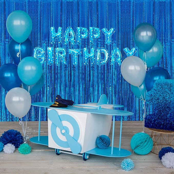 2 Pack 3.3 x 8.2 ft Tinsel Foil Fringe Curtain Backdrop, Upgraded Blue Glitter Metallic Streamers Backdrop Curtains for Birthday Parties, Baby Shower, Under the sea, Ocean Mermaid Party Decorations