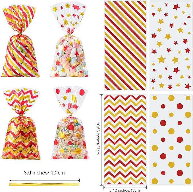 Aegero 120 Pack Red/Gold (wave dots/ wave stripes /diagonal stripes/Star Printed)Cellophane Treat Bags,10.63 x 5.12 Inch Plastic Candy Goodies Bags with 140 Pcs Twists for Valentine,Birthday,Bakery,Wedding,Gift Cookie Snack Packing,Party Favor Supplies