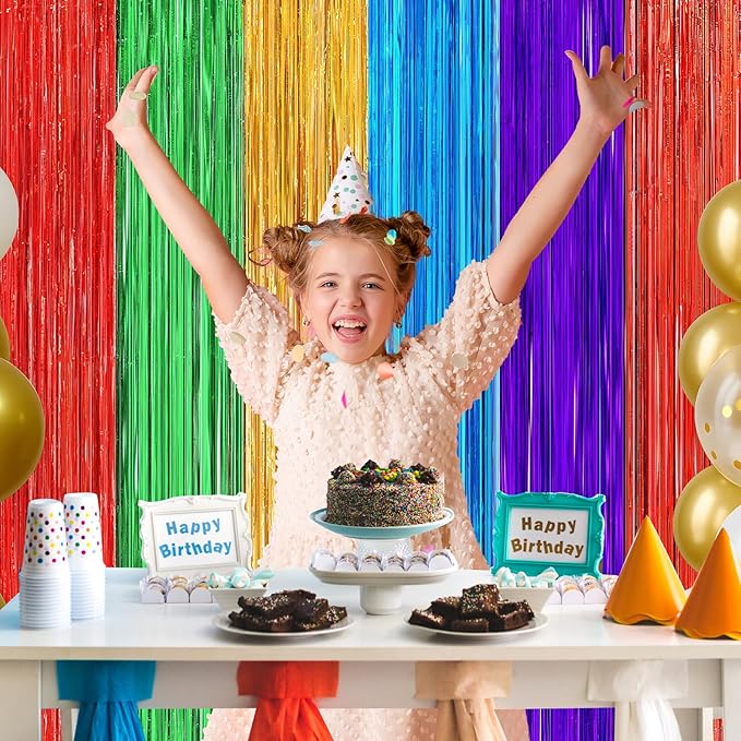 2 Pack Rainbow Foil Fringe Curtains, 3.3ft x 6.6ft Mexican Style Rainbow Streamer Curtain, Photo Booth Props Backdrop for Birthday Party, Christmas Decor, Mexican Cinco De Mayo Decorations