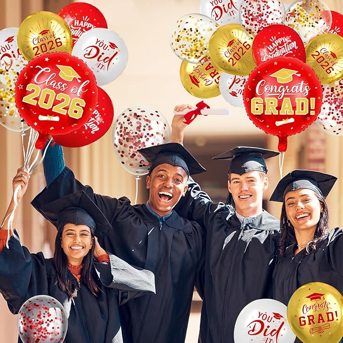 Red and Gold Graduation Balloons Graduation Decorations 2026, 51Pcs Grad Latex Balloons and Grad Foil Balloon with Confetti Ribbons Grad Party Decorations for College High School