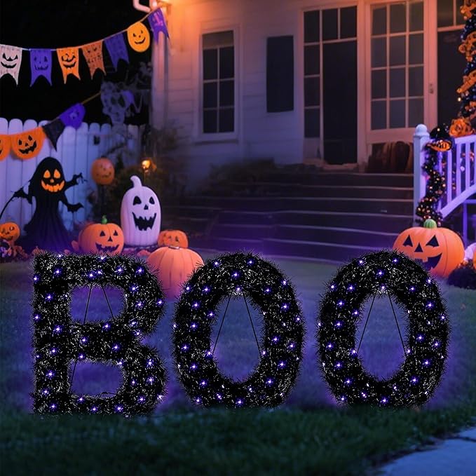 ATDAWN 3 Piece Outdoor Boo Sign Halloween Decoration, Lighted Boo Yard Display Set, Boo Yard Sign for Halloween Indoor Lawn Decor, Black & Purple
