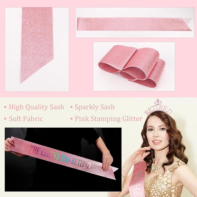 Retirement Gift for Woman - Pink Sash and Crown Headband Party Decorations - The Legend Has Retired - Elegant Cute Rhinestone Headband