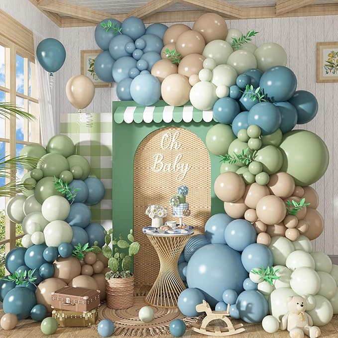 Dusty Blue Sage Green Balloons Garland Arch Kit, 117 Pcs Double Stuffed Fog Blue Light Blue Green Sand White Balloons for Baby Shower Bridal Shower Birthday Wedding Anniversary Ocean Party Decorations