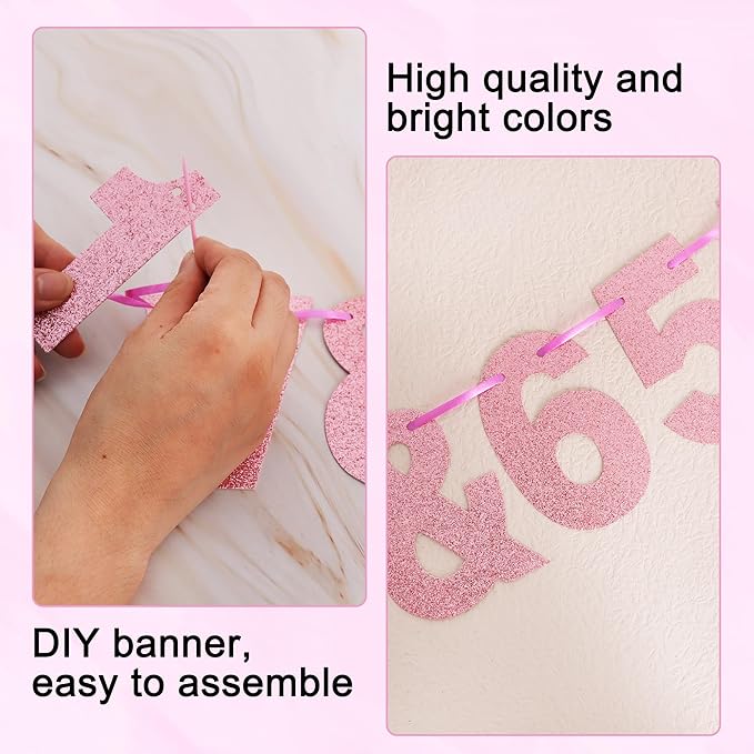 BEISHIDA 116 PCS A-Z DIY Letter Banner Kit Make Your Own Banner Glitter Pink Including 111 Letters and Numbers 3 Rope and 2 Threading Device,Customized for Birthday Graduation Wedding Party Decor